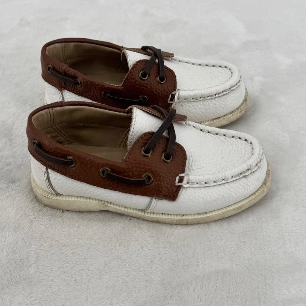 Janie and Jack Boat Shoes Toddler Size 8 White & Brown Leather Nautical Loafers